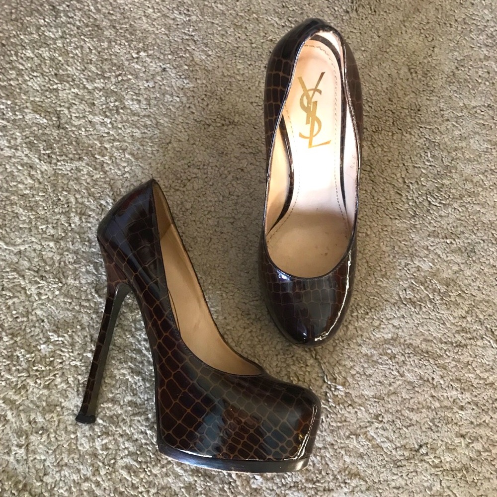 YSL brown mock croc patent leather Trib Too heels size 37.5